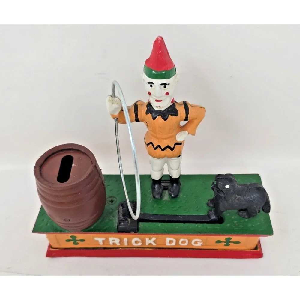 Vintage Reproduction Cast Iron Trick Dog Bank Circus Mechanical Works U114